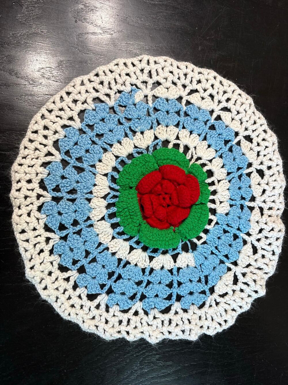 Vintage Crochet- Large Cottagecore Doily table covering White Blue Red rose- 16"